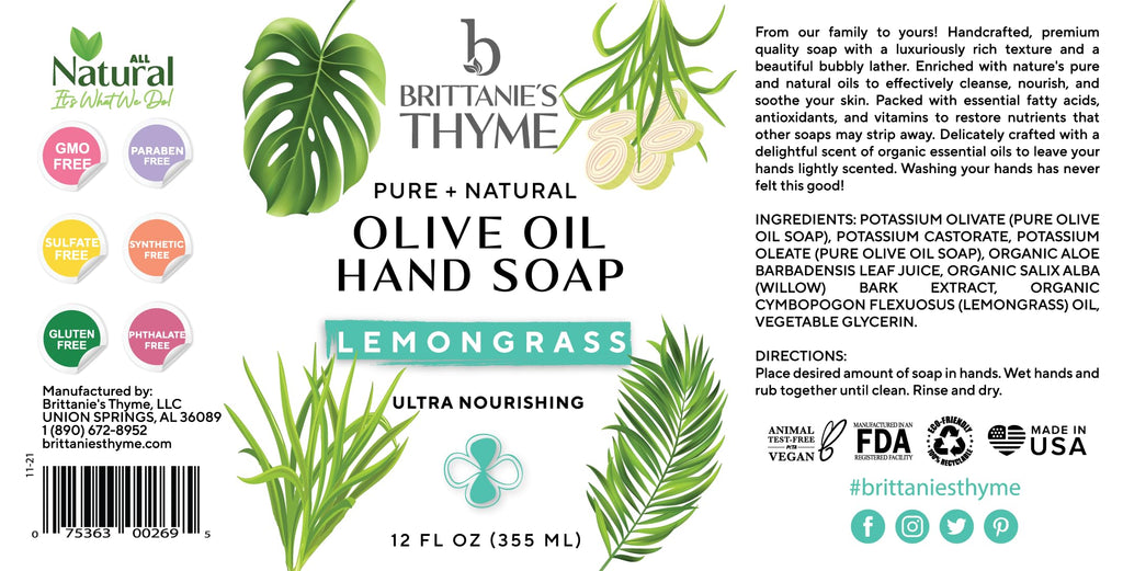 Brittanie’s Thyme Pure Castile Liquid Soap Refill – Lemongrass, 3x12oz | Dish, Hair & Body