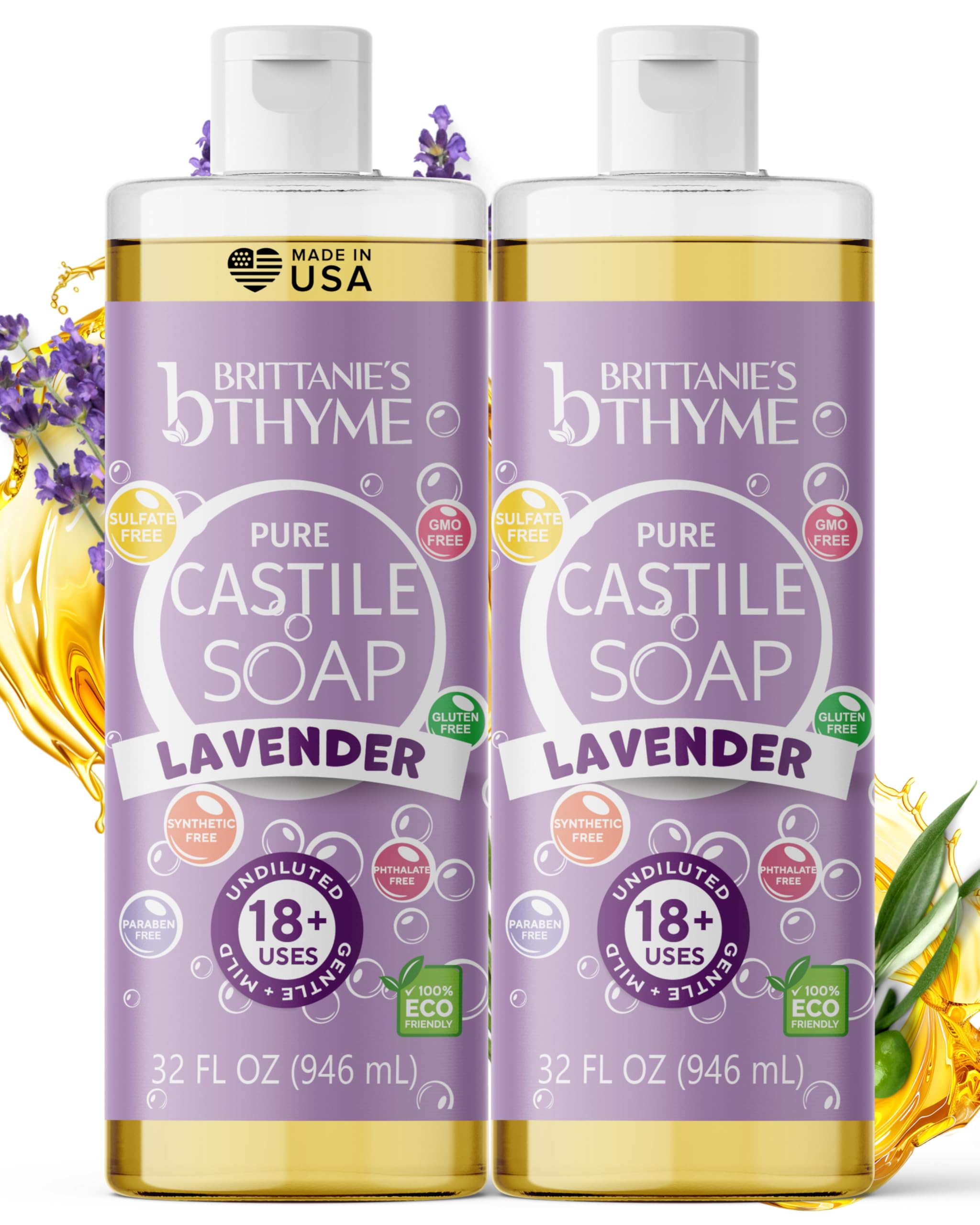 Brittanie's Thyme Pure Castile Liquid Soap Refill – Lavender, 32 oz 2-Pack | Gentle, Vegan, Non-GMO