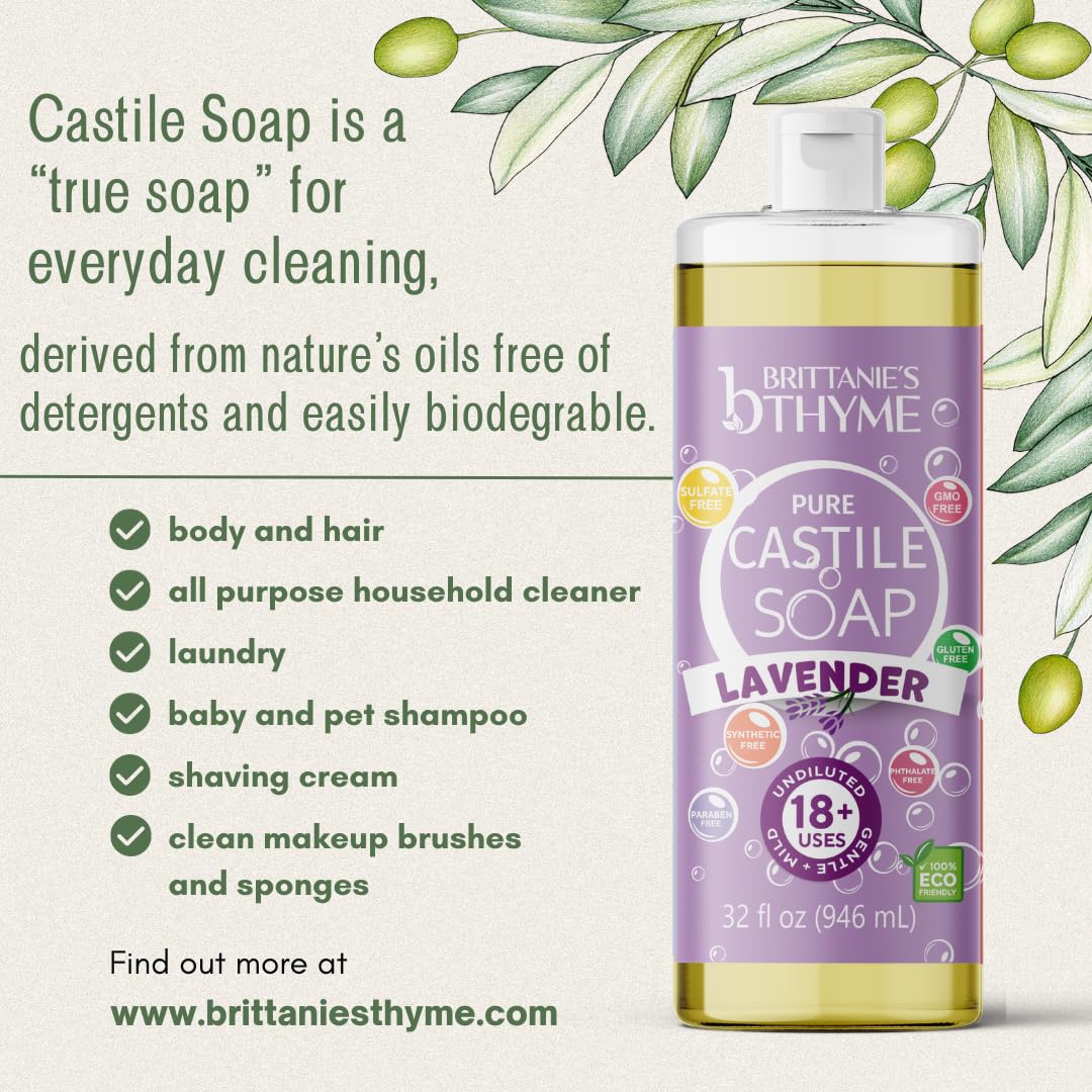 Brittanie's Thyme Pure Castile Liquid Soap Refill – Lavender, 32 oz 2-Pack | Gentle, Vegan, Non-GMO