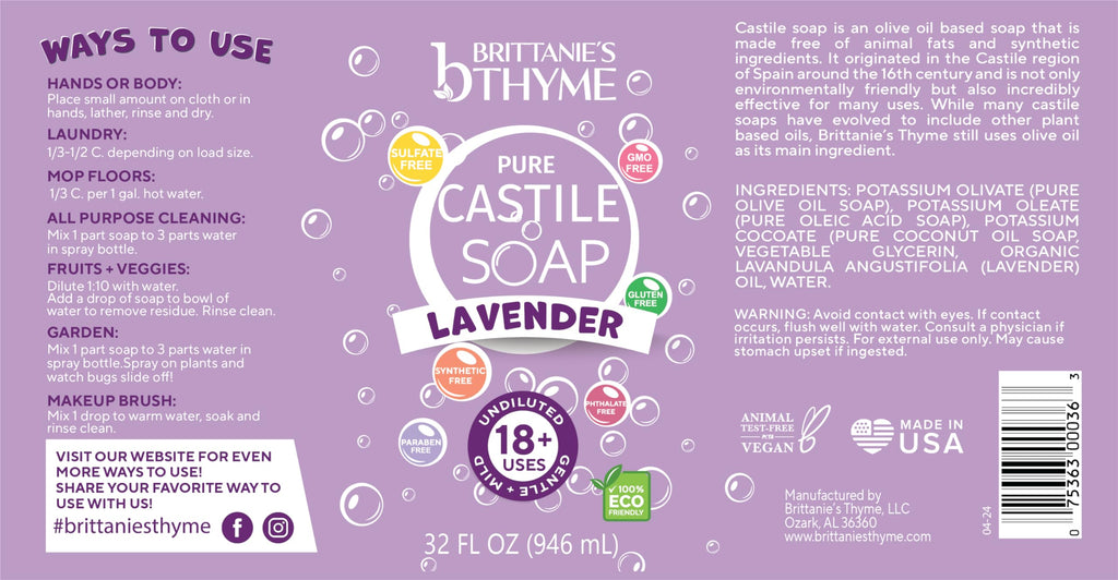 Brittanie's Thyme Pure Castile Liquid Soap Refill – Lavender, 32 oz 2-Pack | Gentle, Vegan, Non-GMO
