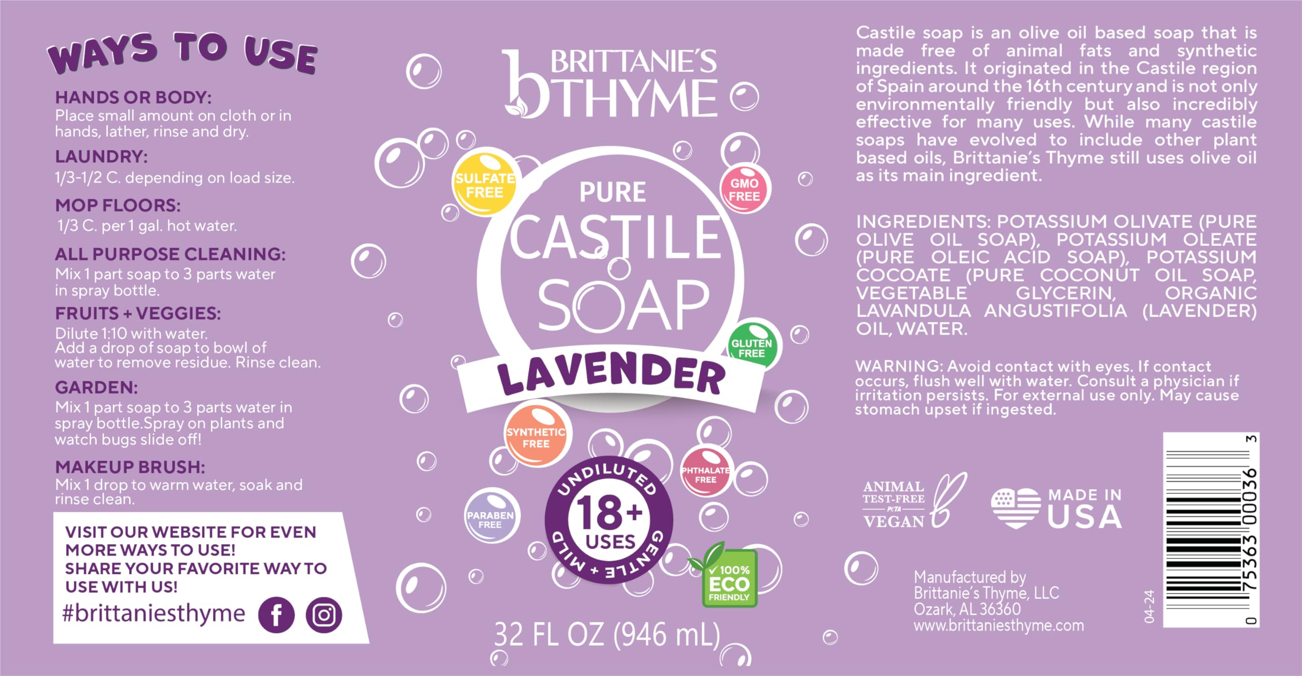 Brittanie's Thyme Pure Castile Liquid Soap Refill – Lavender, 32 oz 2-Pack | Gentle, Vegan, Non-GMO