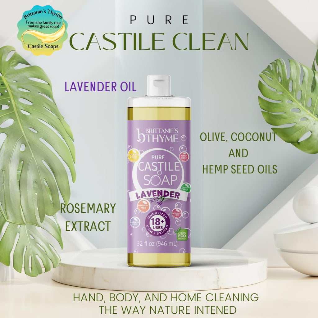 Brittanie's Thyme Pure Castile Liquid Soap Refill – Lavender, 32 oz 2-Pack | Gentle, Vegan, Non-GMO