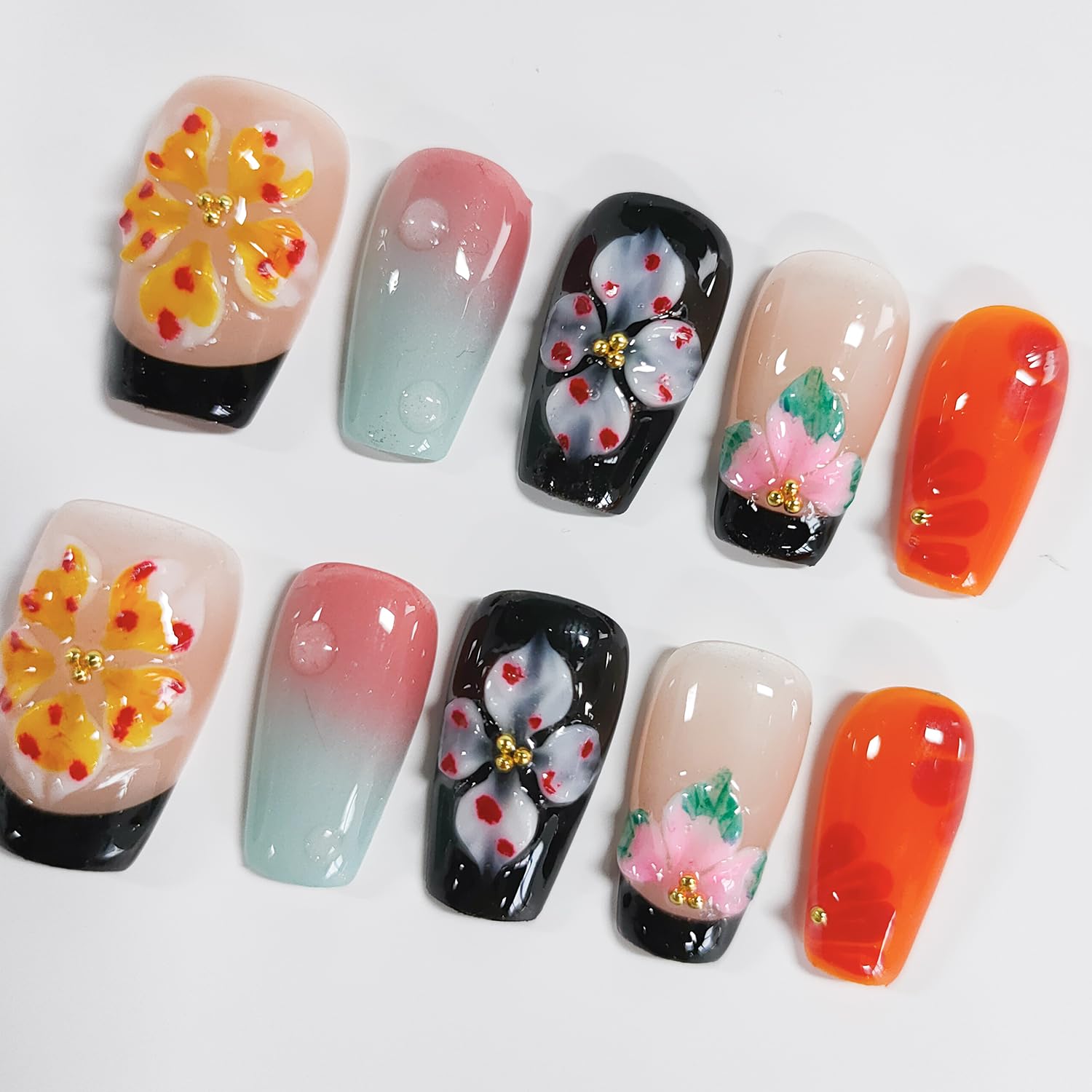 BRKYKGK Handmade Press-on Nails – Square Medium 3D Floral, Black French Tip, Thick Acrylic (10 Pcs)