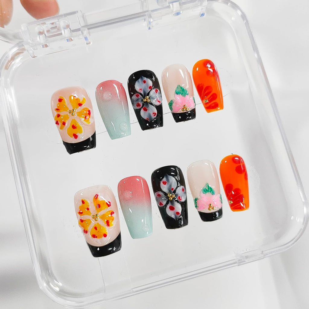 BRKYKGK Handmade Press-on Nails – Square Medium 3D Floral, Black French Tip, Thick Acrylic (10 Pcs)