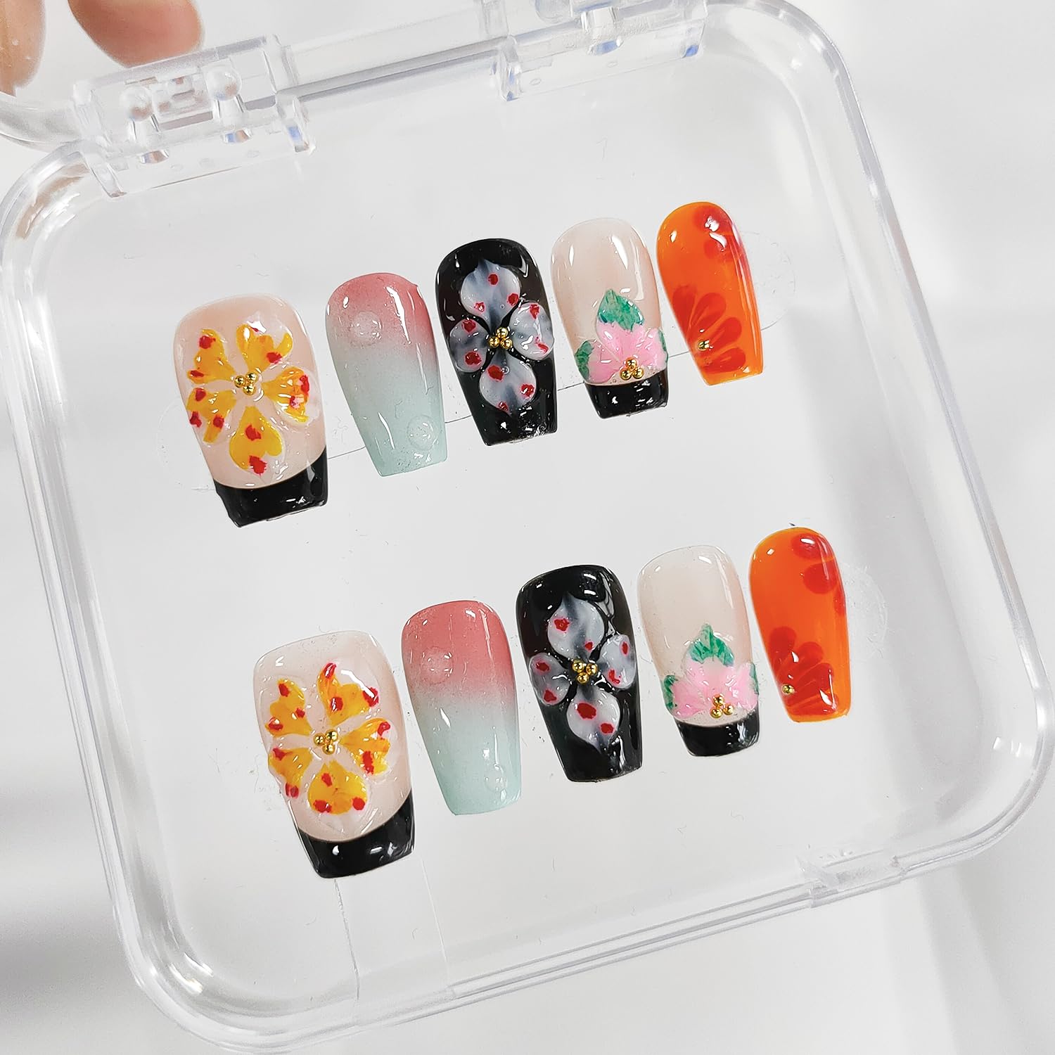 BRKYKGK Handmade Press-on Nails – Square Medium 3D Floral, Black French Tip, Thick Acrylic (10 Pcs)