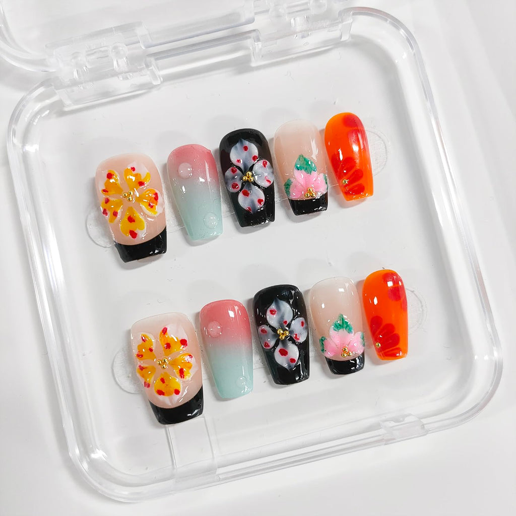 BRKYKGK Handmade Press-on Nails – Square Medium 3D Floral, Black French Tip, Thick Acrylic (10 Pcs)