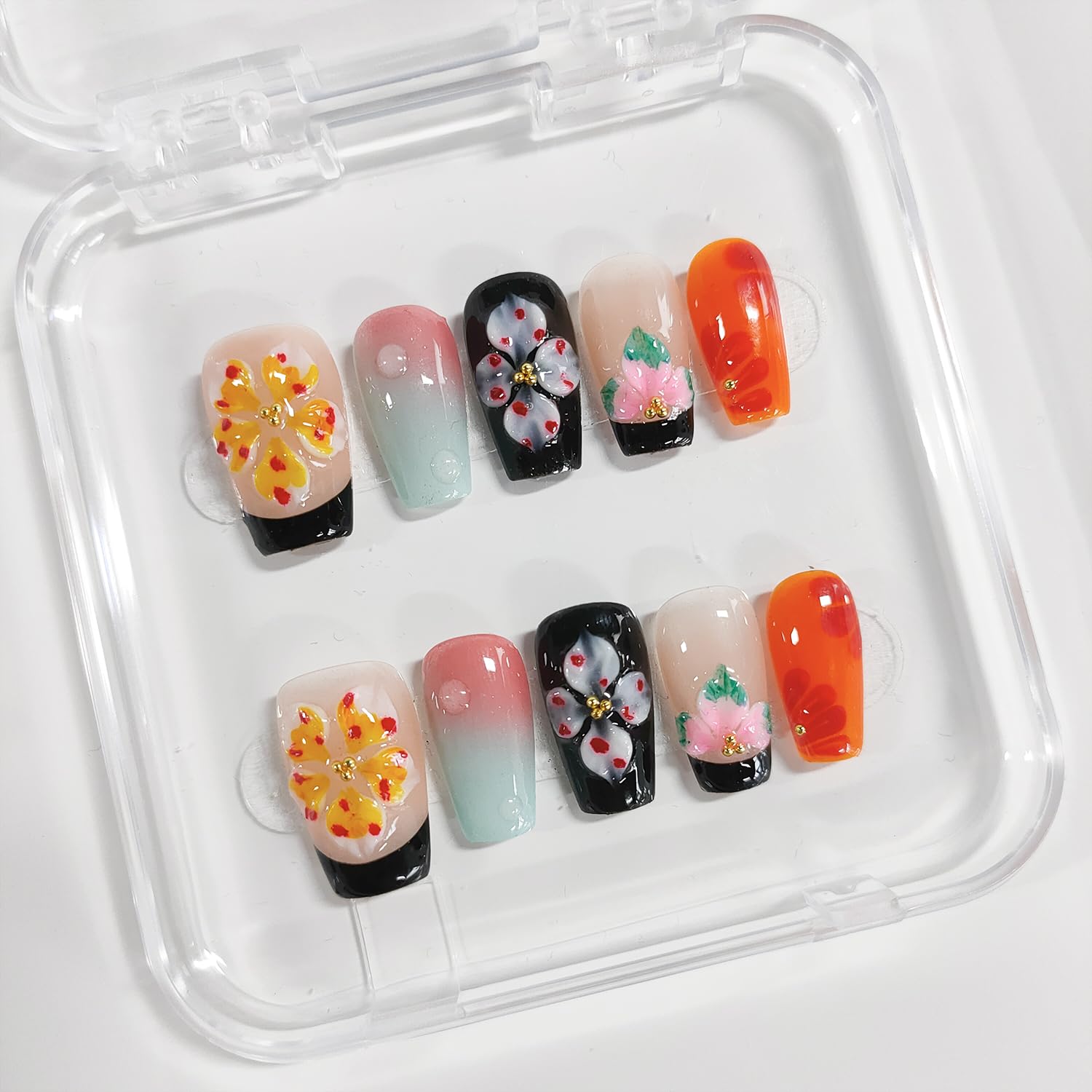 BRKYKGK Handmade Press-on Nails – Square Medium 3D Floral, Black French Tip, Thick Acrylic (10 Pcs)