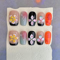 BRKYKGK Handmade Press-on Nails – Square Medium 3D Floral, Black French Tip, Thick Acrylic (10 Pcs)