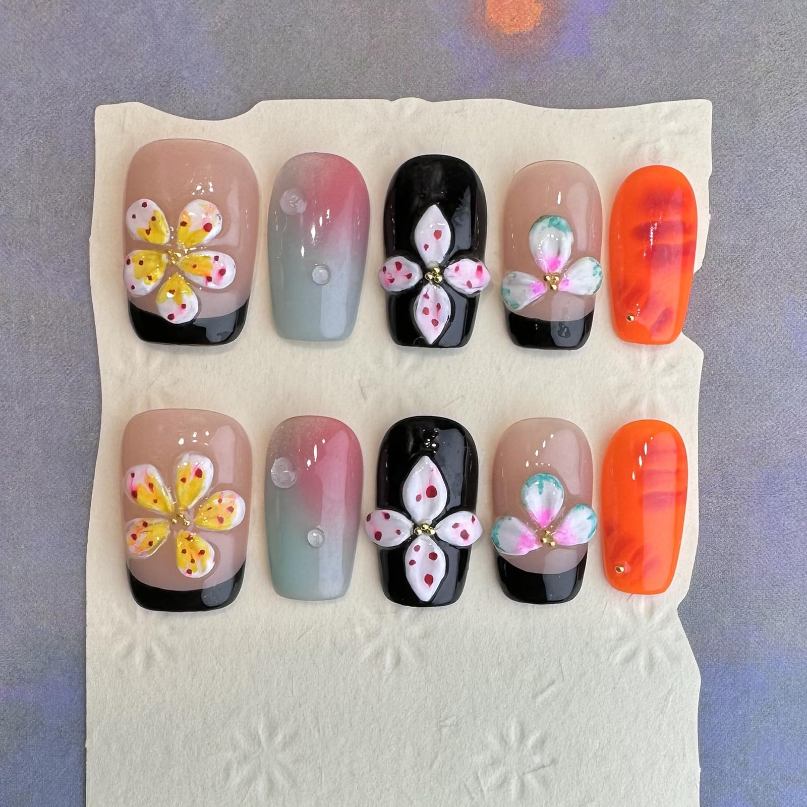 BRKYKGK Handmade Press-on Nails – Square Medium 3D Floral, Black French Tip, Thick Acrylic (10 Pcs)