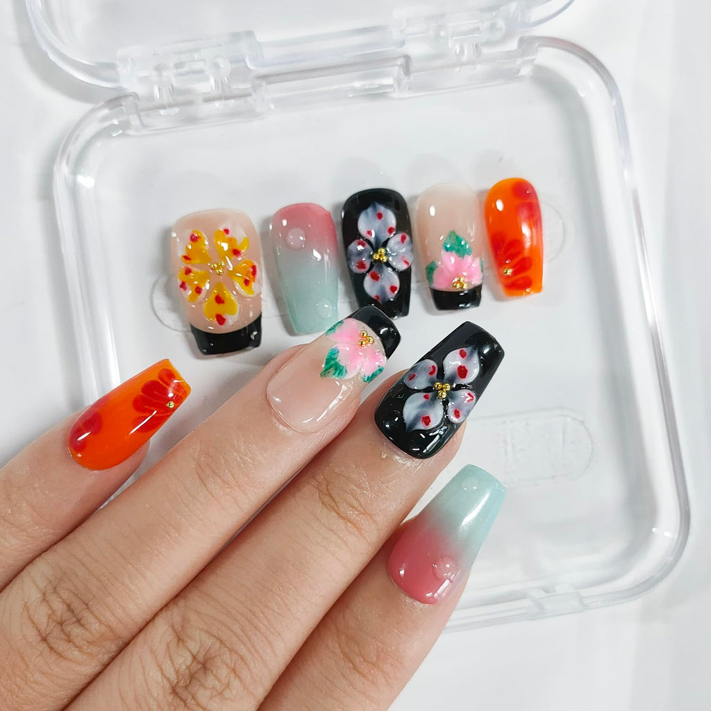 BRKYKGK Handmade Press-on Nails – Square Medium 3D Floral, Black French Tip, Thick Acrylic (10 Pcs)