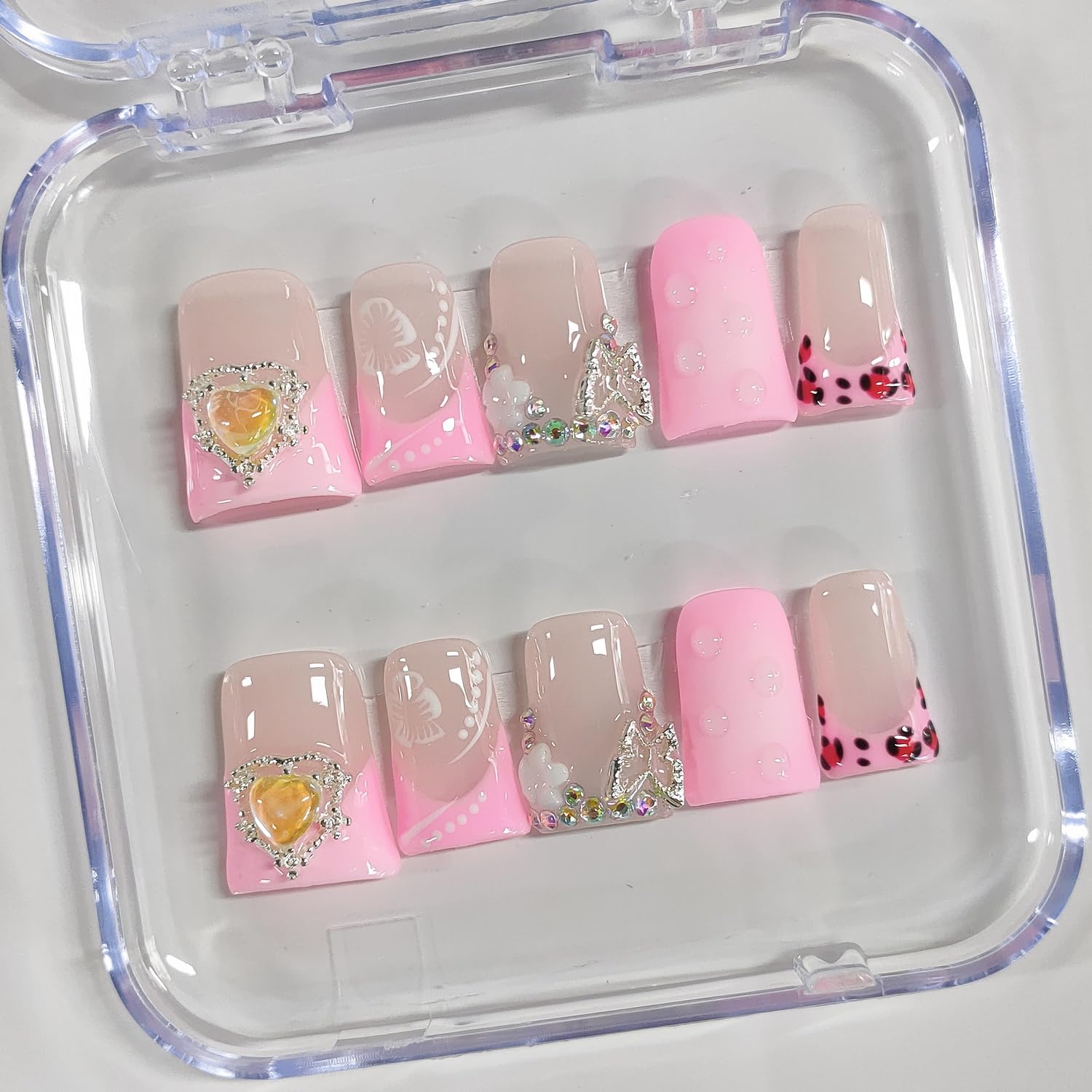 BRKYKGK Handmade Press On Nails – Short Duck 3D Floral French Tip with Hibiscus Rhinestones (10 Pcs)
