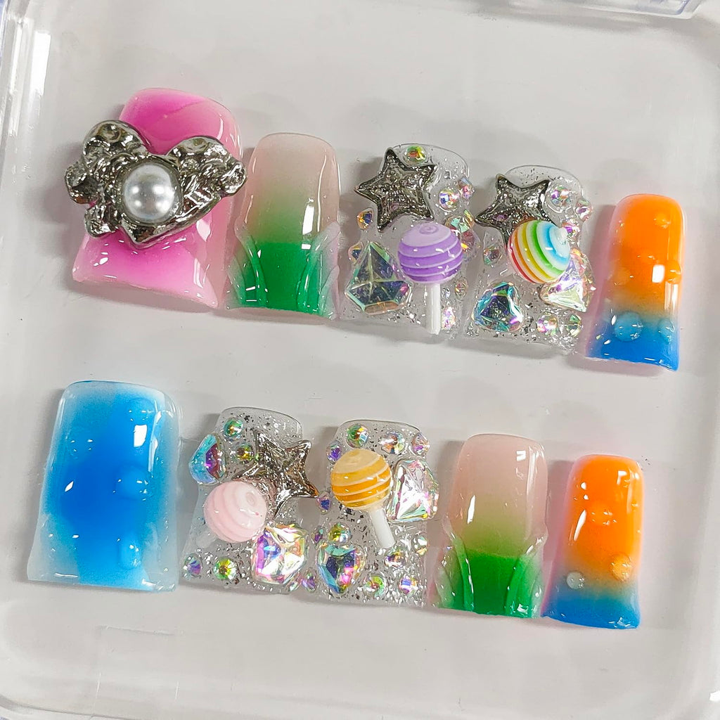 BRKYKGK Handmade Press On Nails – Short Duck 3D Design, French Tip, Candy Stars (10Pcs)