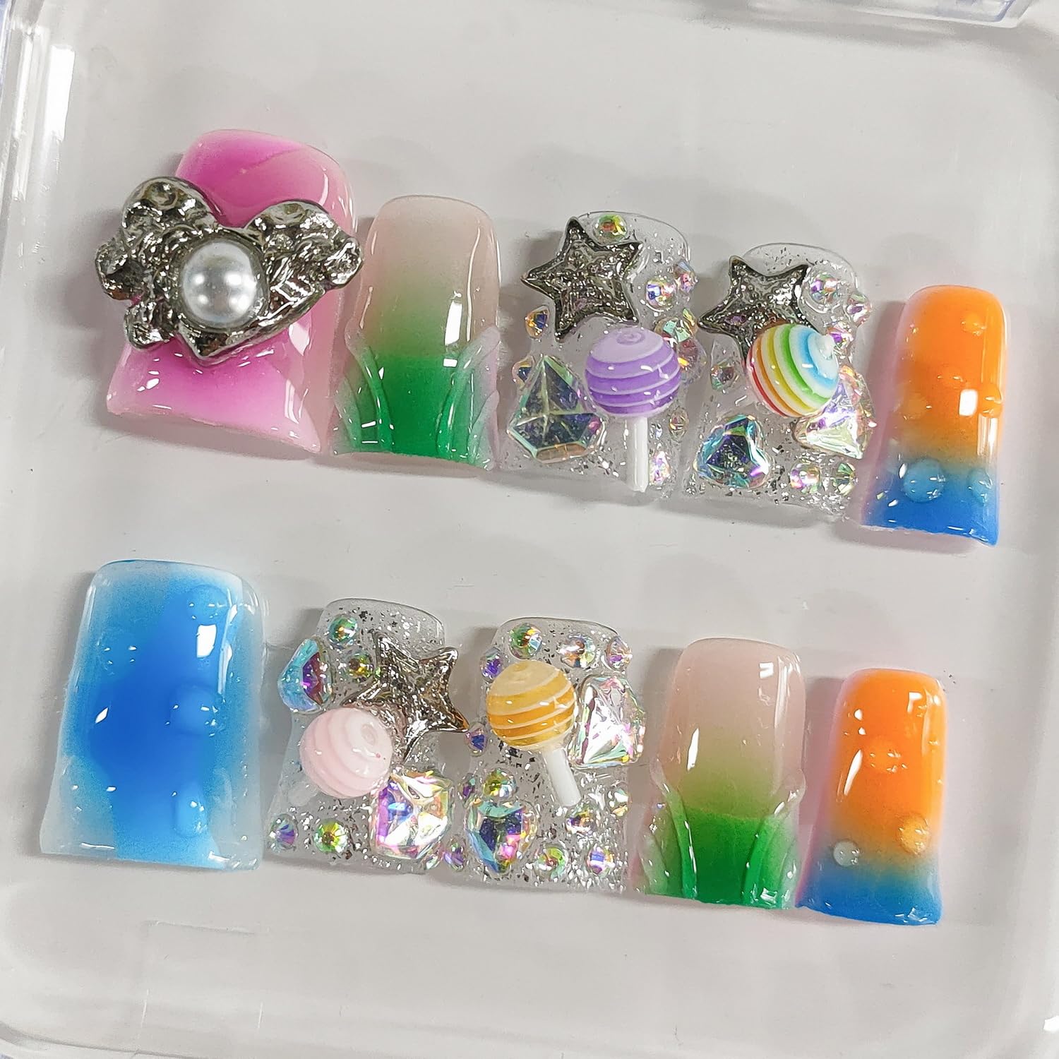 BRKYKGK Handmade Press On Nails – Short Duck 3D Design, French Tip, Candy Stars (10Pcs)
