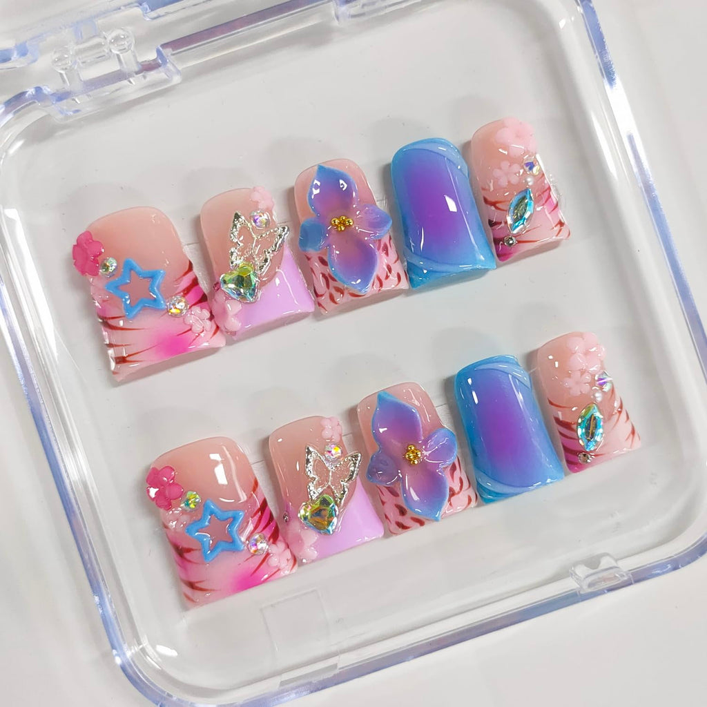 BRKYKGK Handmade Press-On Nails - Short Duck 3D Floral Thick Acrylic French Tip (Leopard, Butterfly, Stars) 10 Pcs