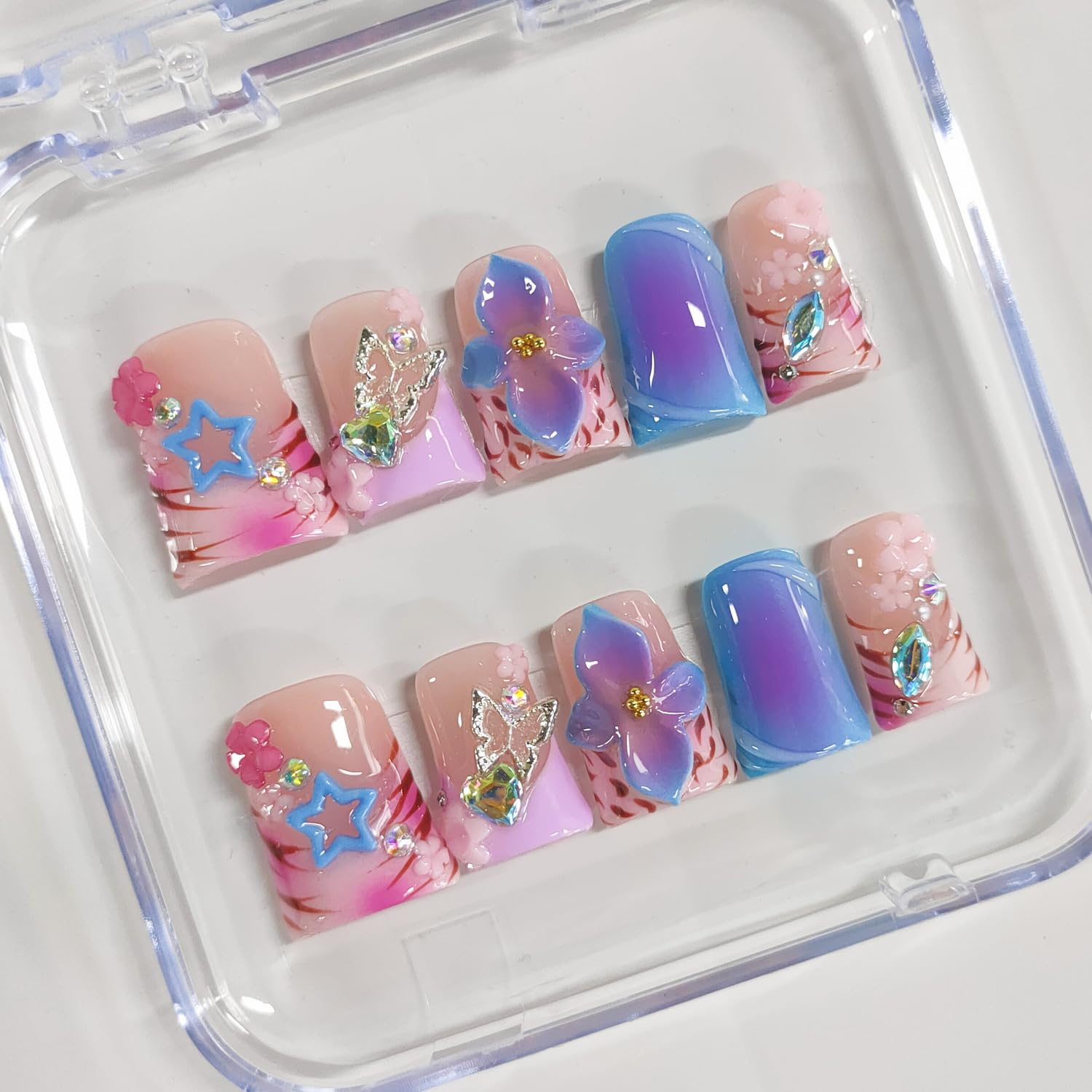 BRKYKGK Handmade Press-On Nails - Short Duck 3D Floral Thick Acrylic French Tip (Leopard, Butterfly, Stars) 10 Pcs