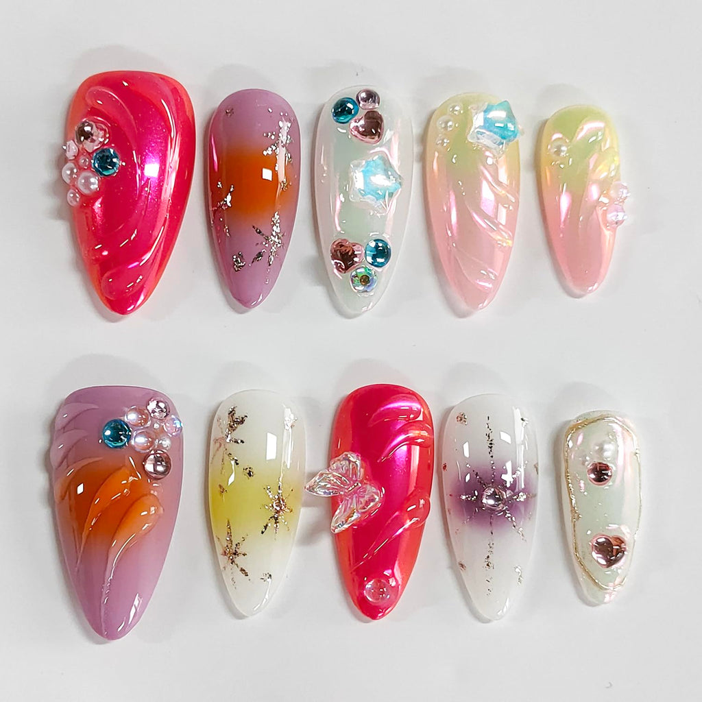 BRKYKGK Handmade Press on Nails – Almond Medium 3D Thick Acrylic with Butterfly Rhinestones (10 Pcs)