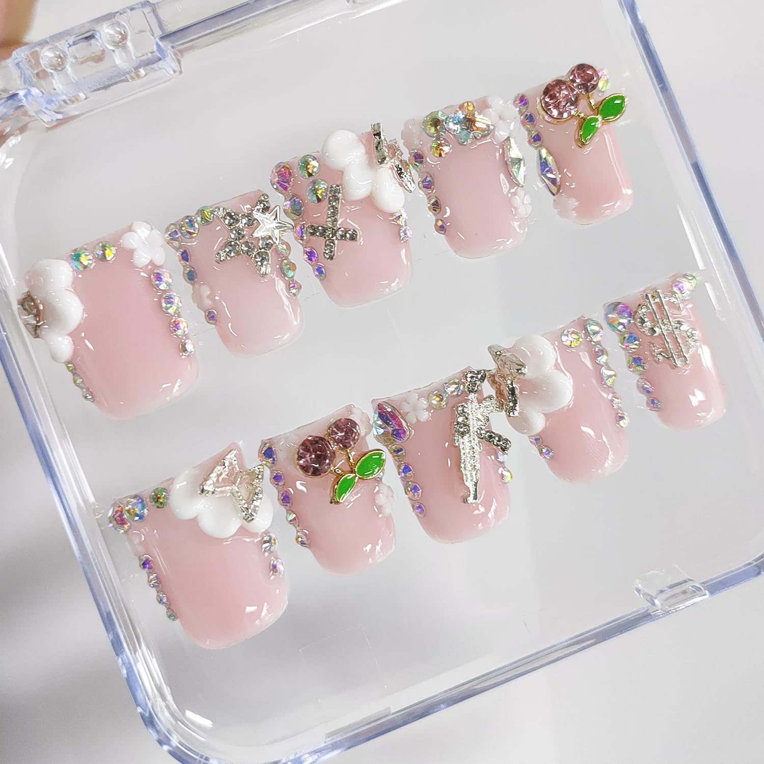 BRKYKGK Handmade Press On Nails – Short Duck 3D Floral, White French Tip, Nude Pink (10 Pcs)