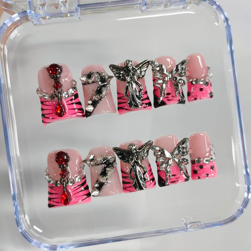 BRKYKGK Handmade Short Duck Press-On Nails | 3D Gothic Acrylic Nails with Pink French Tip, Spikes & Rhinestones