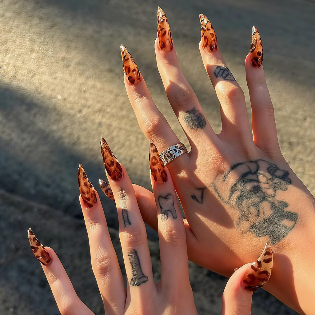 BRKYKGK Handmade Press on Nails – Medium Stiletto Brown Leopard & Eagle Claw Kit (10 Pcs)