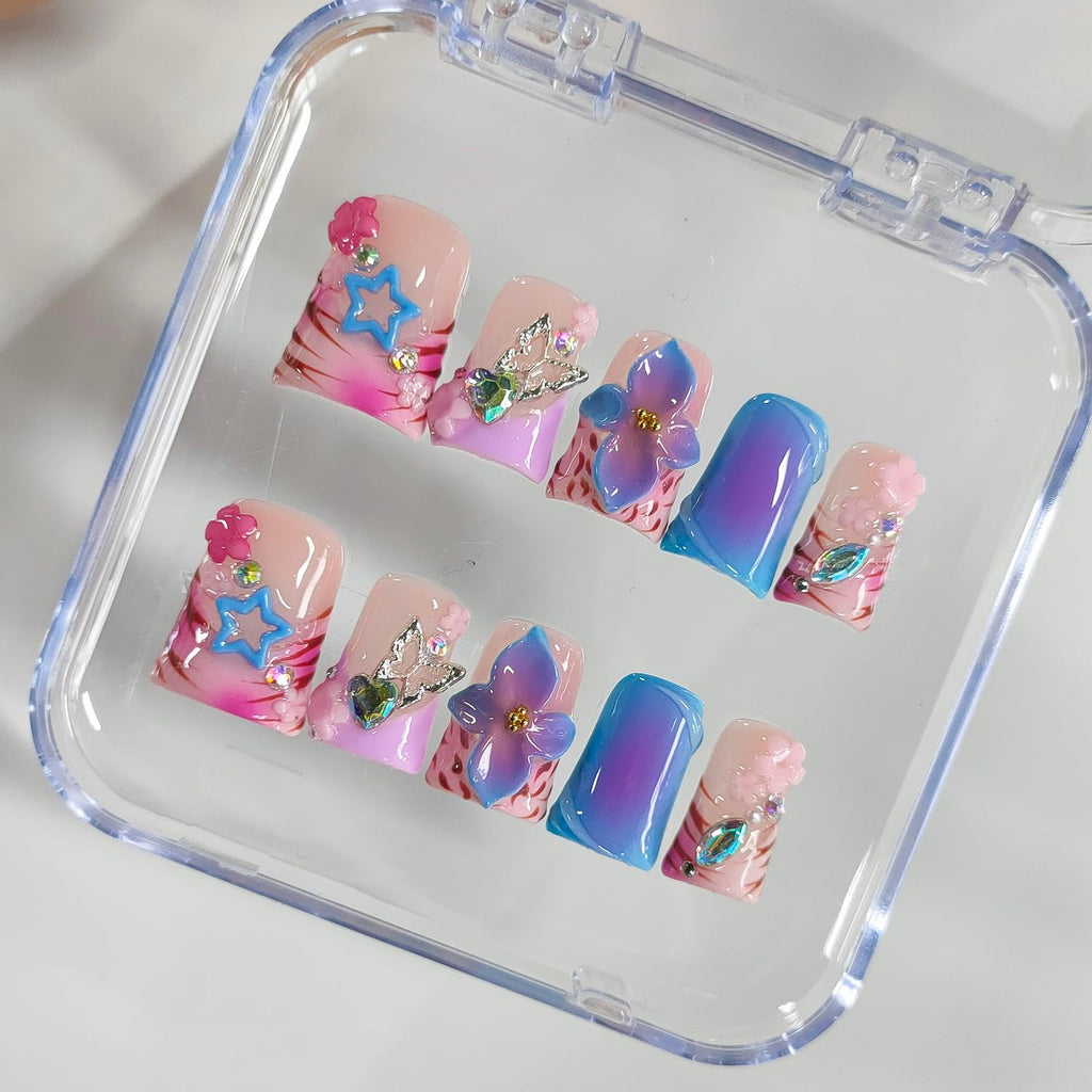 BRKYKGK Handmade Press-On Nails - Short Duck 3D Floral Thick Acrylic French Tip (Leopard, Butterfly, Stars) 10 Pcs
