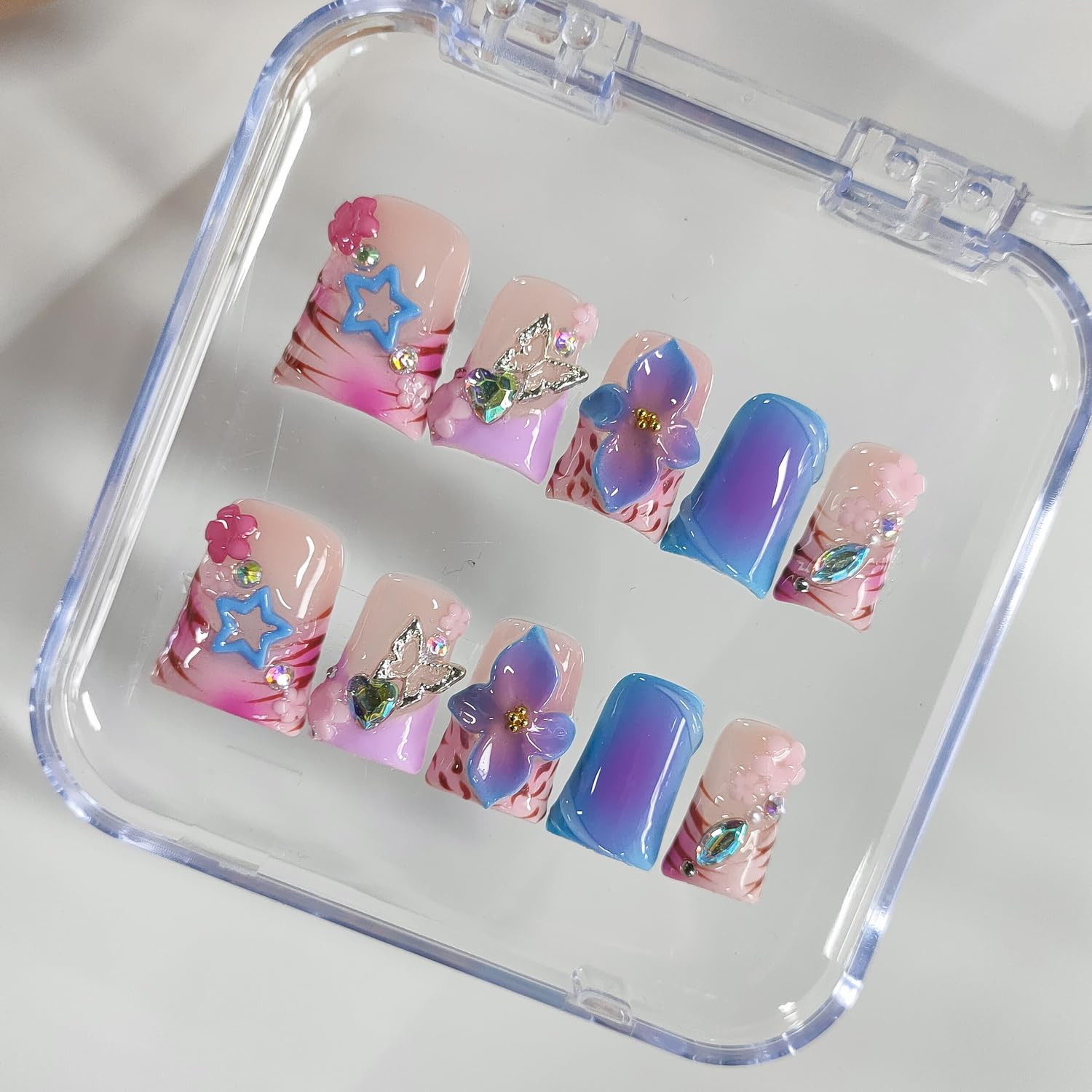 BRKYKGK Handmade Press-On Nails - Short Duck 3D Floral Thick Acrylic French Tip (Leopard, Butterfly, Stars) 10 Pcs
