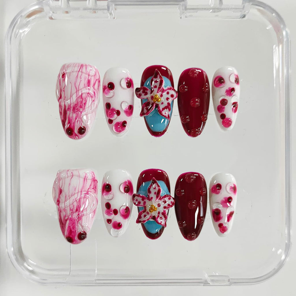 BRKYKGK Handmade Press on Nails Almond Medium – 3D Floral Thick Acrylic False Nails Kit (10 Pcs)
