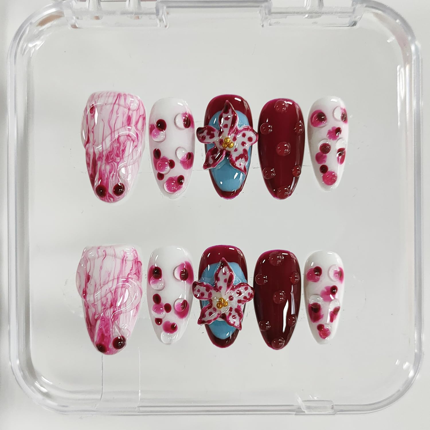 BRKYKGK Handmade Press on Nails Almond Medium – 3D Floral Thick Acrylic False Nails Kit (10 Pcs)
