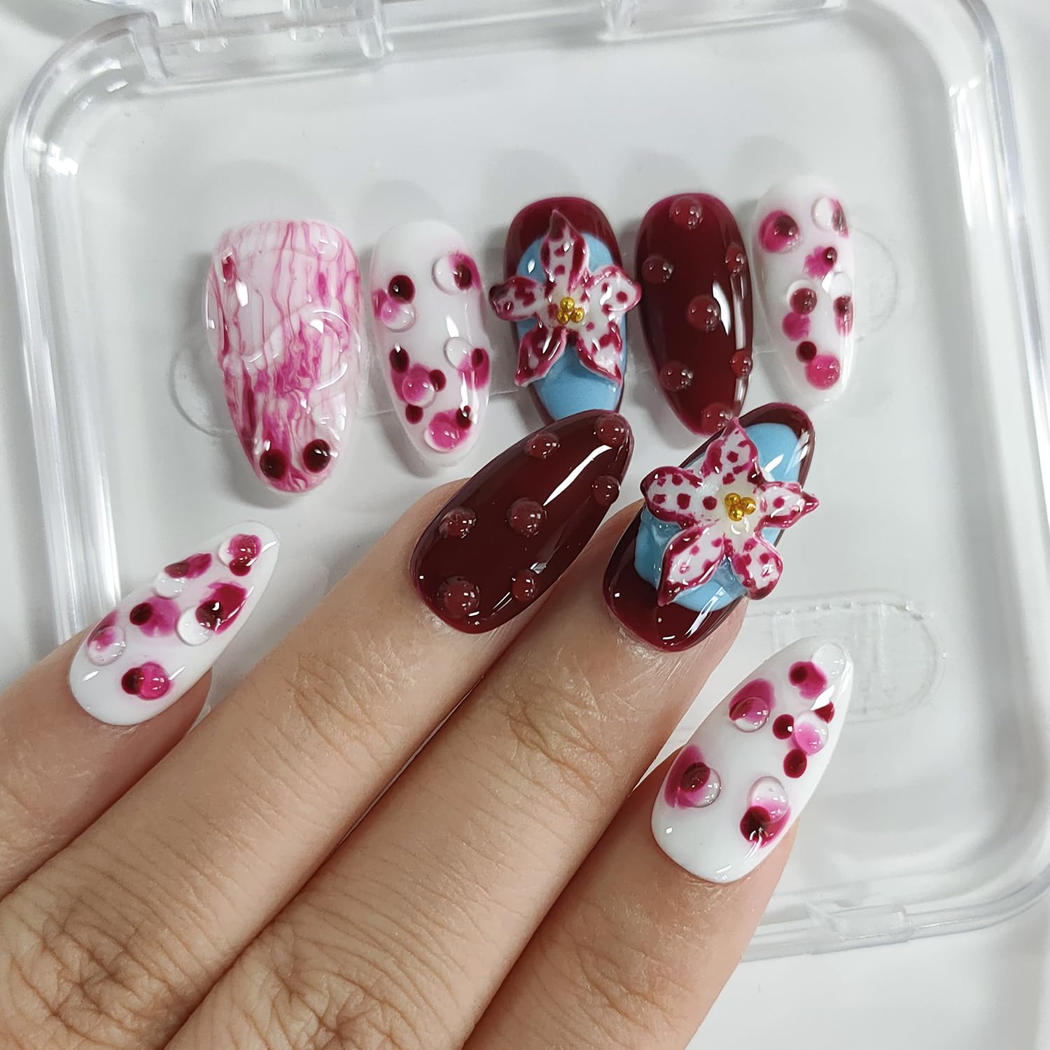 BRKYKGK Handmade Press on Nails Almond Medium – 3D Floral Thick Acrylic False Nails Kit (10 Pcs)
