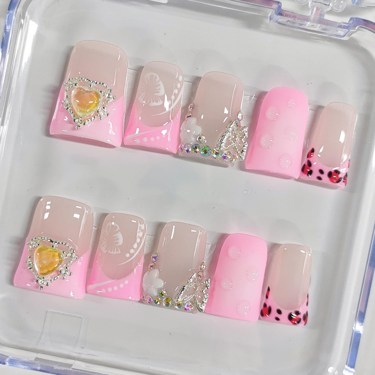BRKYKGK Handmade Press On Nails – Short Duck 3D Floral French Tip with Hibiscus Rhinestones (10 Pcs)