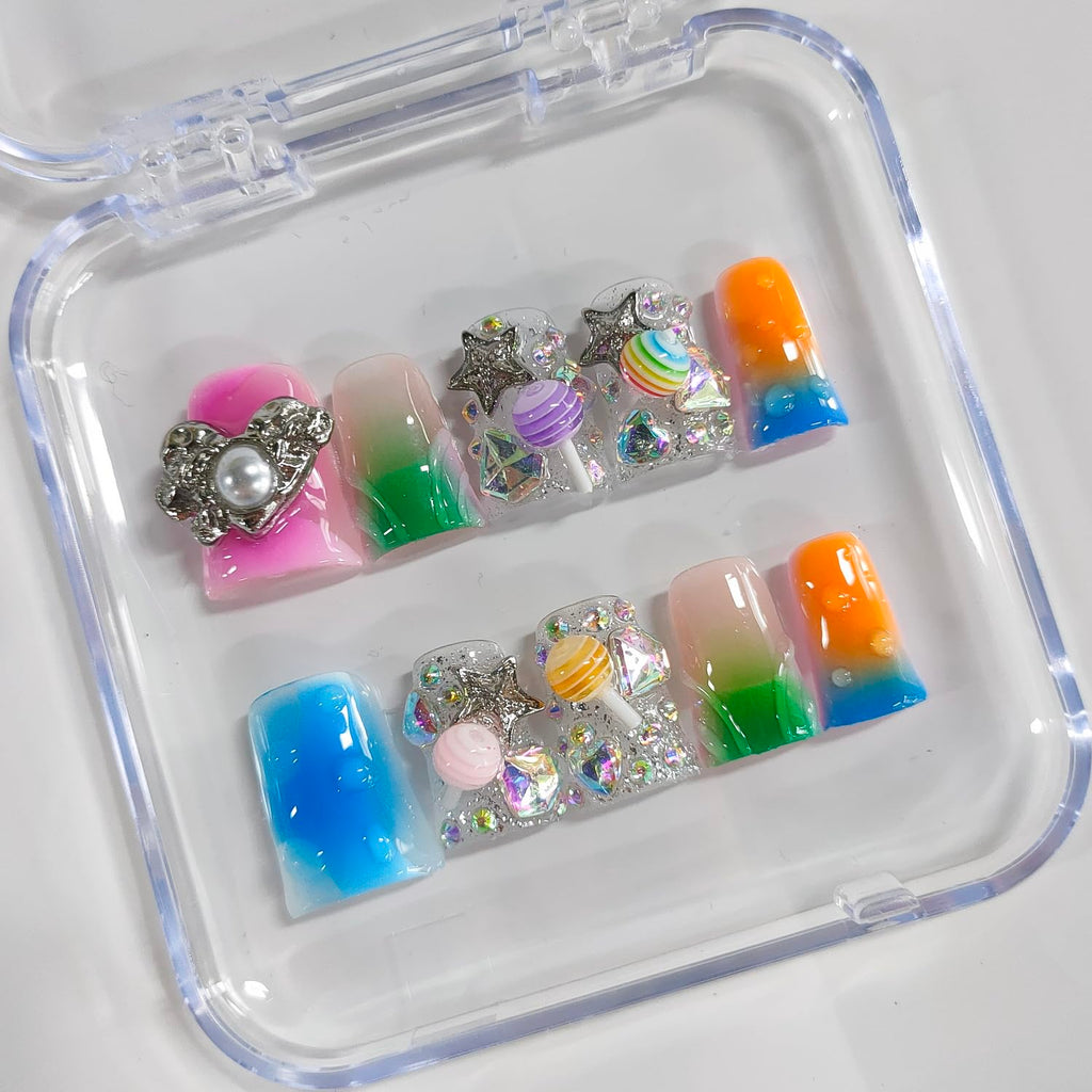 BRKYKGK Handmade Press On Nails – Short Duck 3D Design, French Tip, Candy Stars (10Pcs)