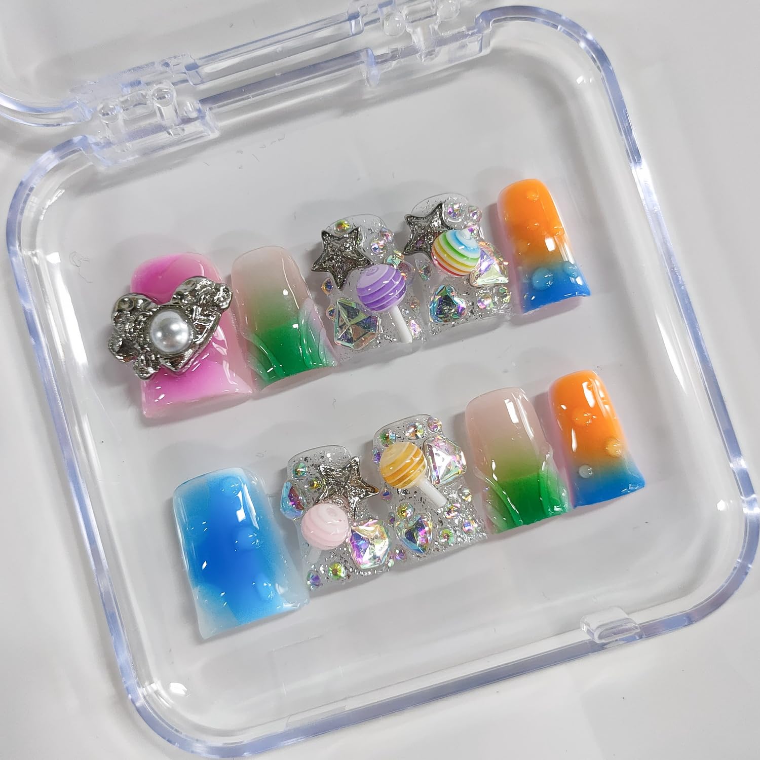 BRKYKGK Handmade Press On Nails – Short Duck 3D Design, French Tip, Candy Stars (10Pcs)