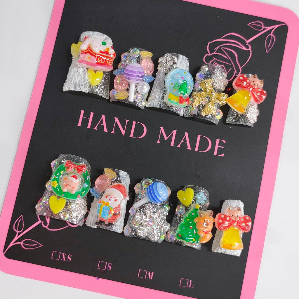 BRKYKGK Christmas Press-On Nails – Short Duck Design with Bow Santa Charms (10 Pcs)