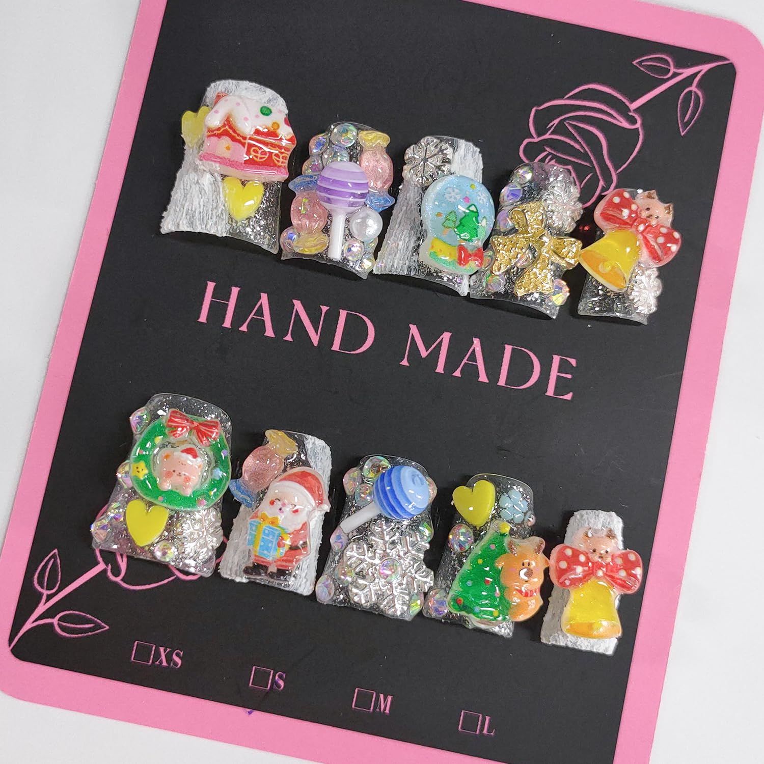 BRKYKGK Christmas Press-On Nails – Short Duck Design with Bow Santa Charms (10 Pcs)