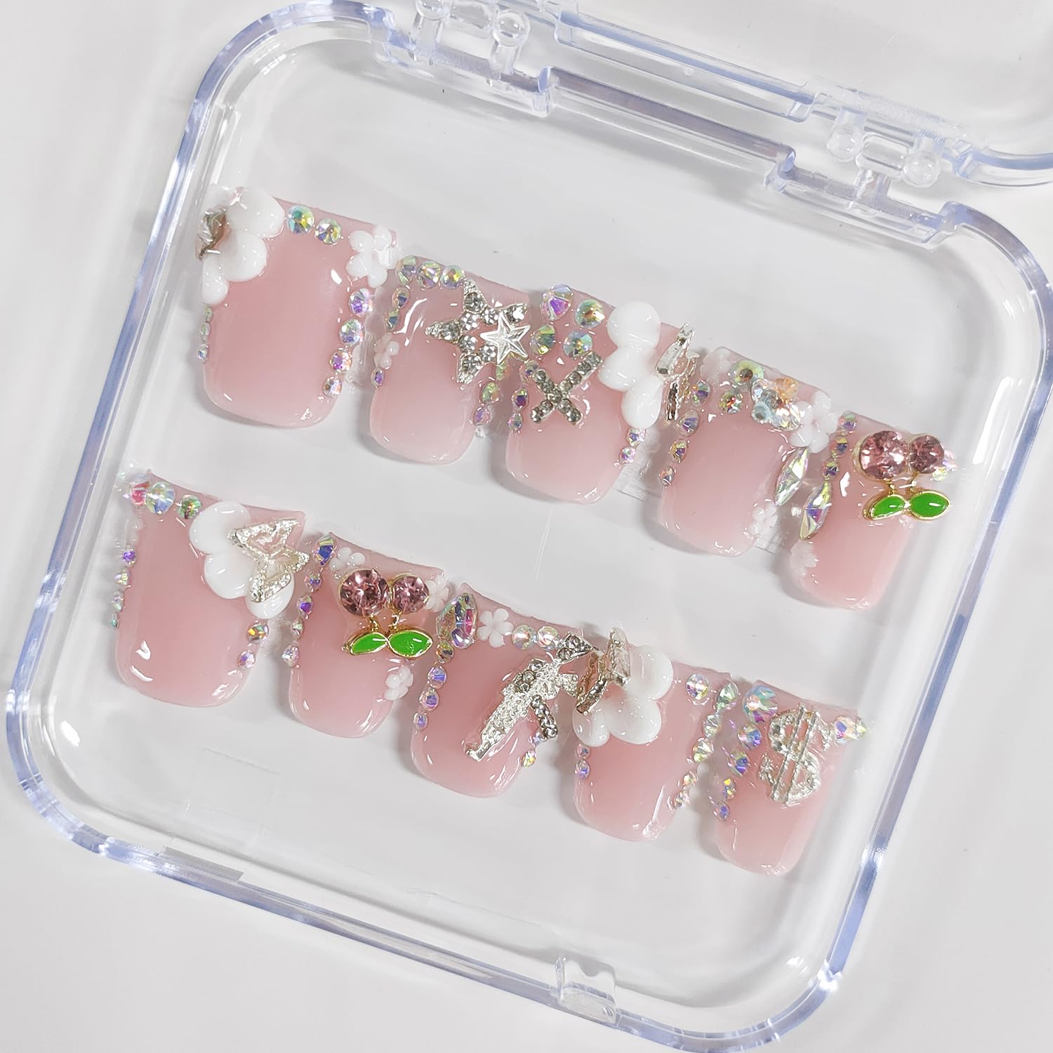BRKYKGK Handmade Press On Nails – Short Duck 3D Floral, White French Tip, Nude Pink (10 Pcs)