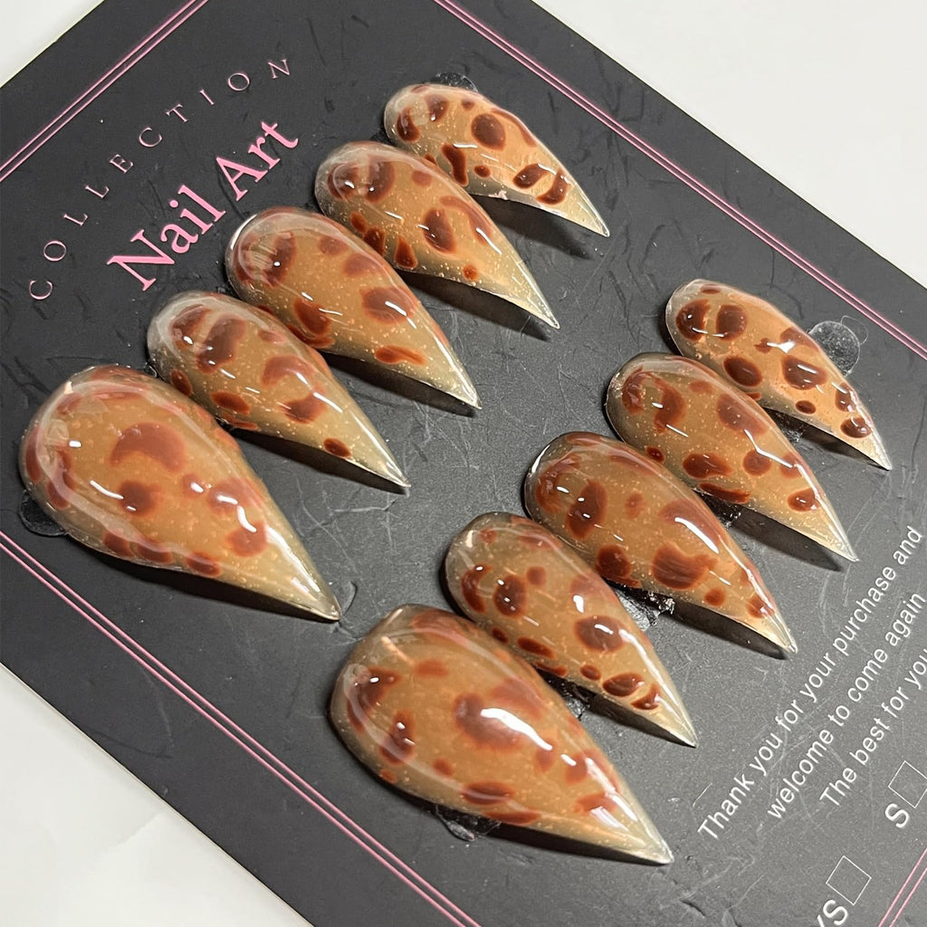 BRKYKGK Handmade Press on Nails – Medium Stiletto Brown Leopard & Eagle Claw Kit (10 Pcs)