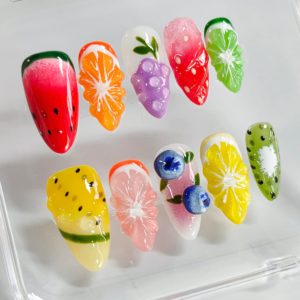 BRKYKGK Handmade Nails – 3D Fruit Almond Press-On Nails | Medium Length, Colorful Summer Nail Art