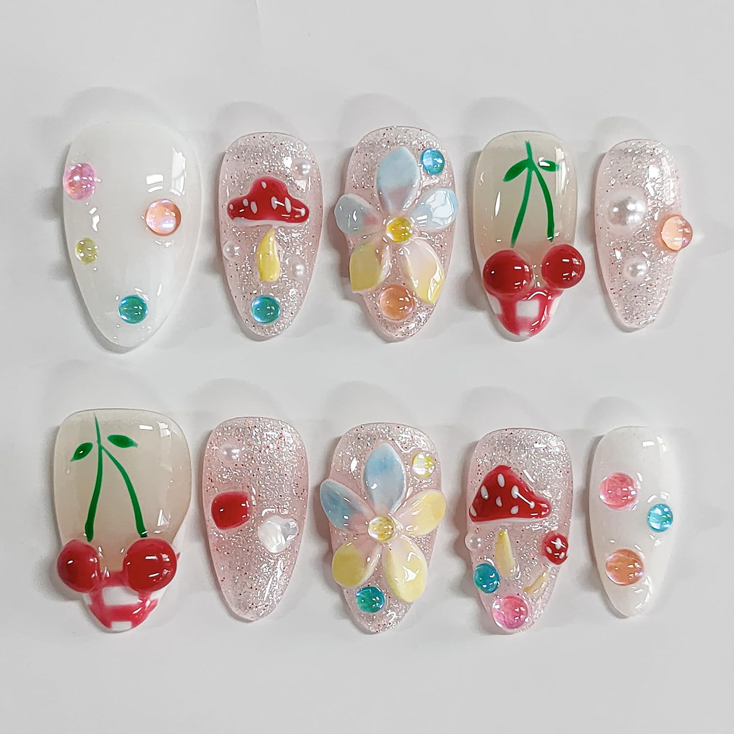 BRKYKGK Handmade Press-On Nails Almond Medium 3D Floral French Tip (10Pcs)