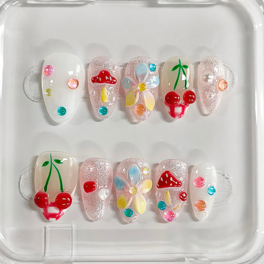 BRKYKGK Handmade Press-On Nails Almond Medium 3D Floral French Tip (10Pcs)