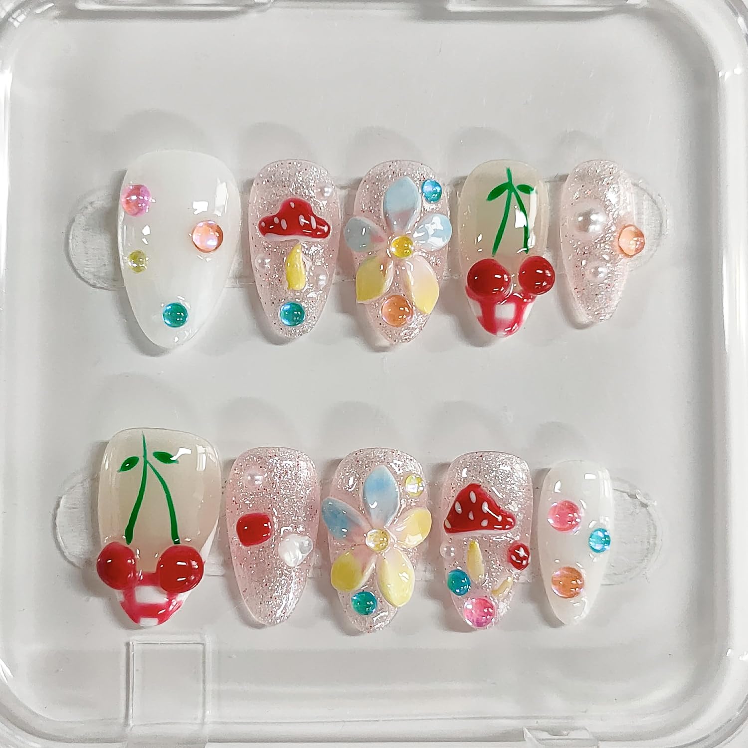 BRKYKGK Handmade Press-On Nails Almond Medium 3D Floral French Tip (10Pcs)