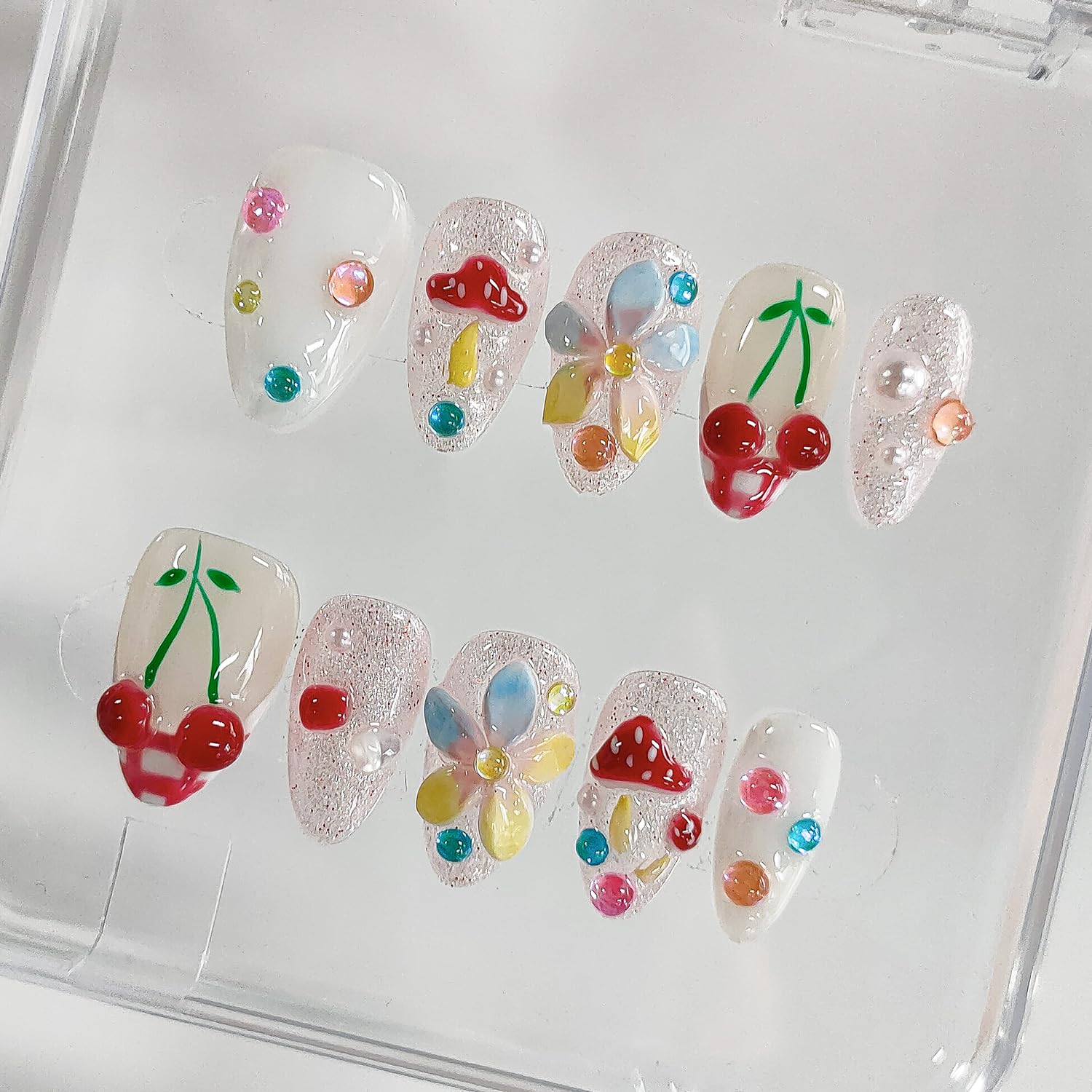 BRKYKGK Handmade Press-On Nails Almond Medium 3D Floral French Tip (10Pcs)