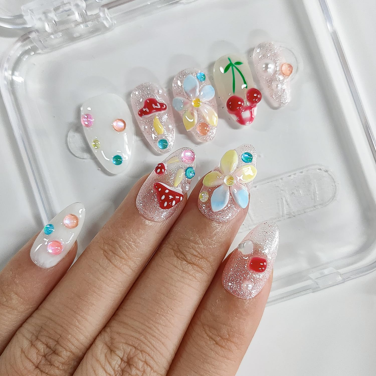 BRKYKGK Handmade Press-On Nails Almond Medium 3D Floral French Tip (10Pcs)