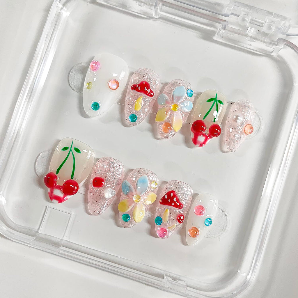 BRKYKGK Handmade Press-On Nails Almond Medium 3D Floral French Tip (10Pcs)