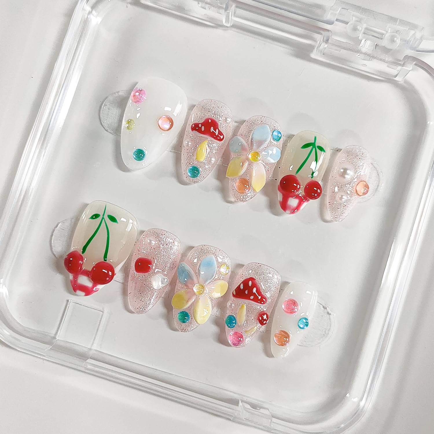 BRKYKGK Handmade Press-On Nails Almond Medium 3D Floral French Tip (10Pcs)