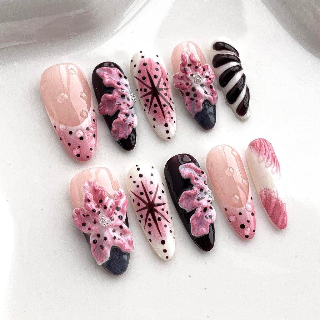 BRKYKGK Handmade Almond Medium Press-On Nails – 3D Floral & French Tip (10 Pcs)