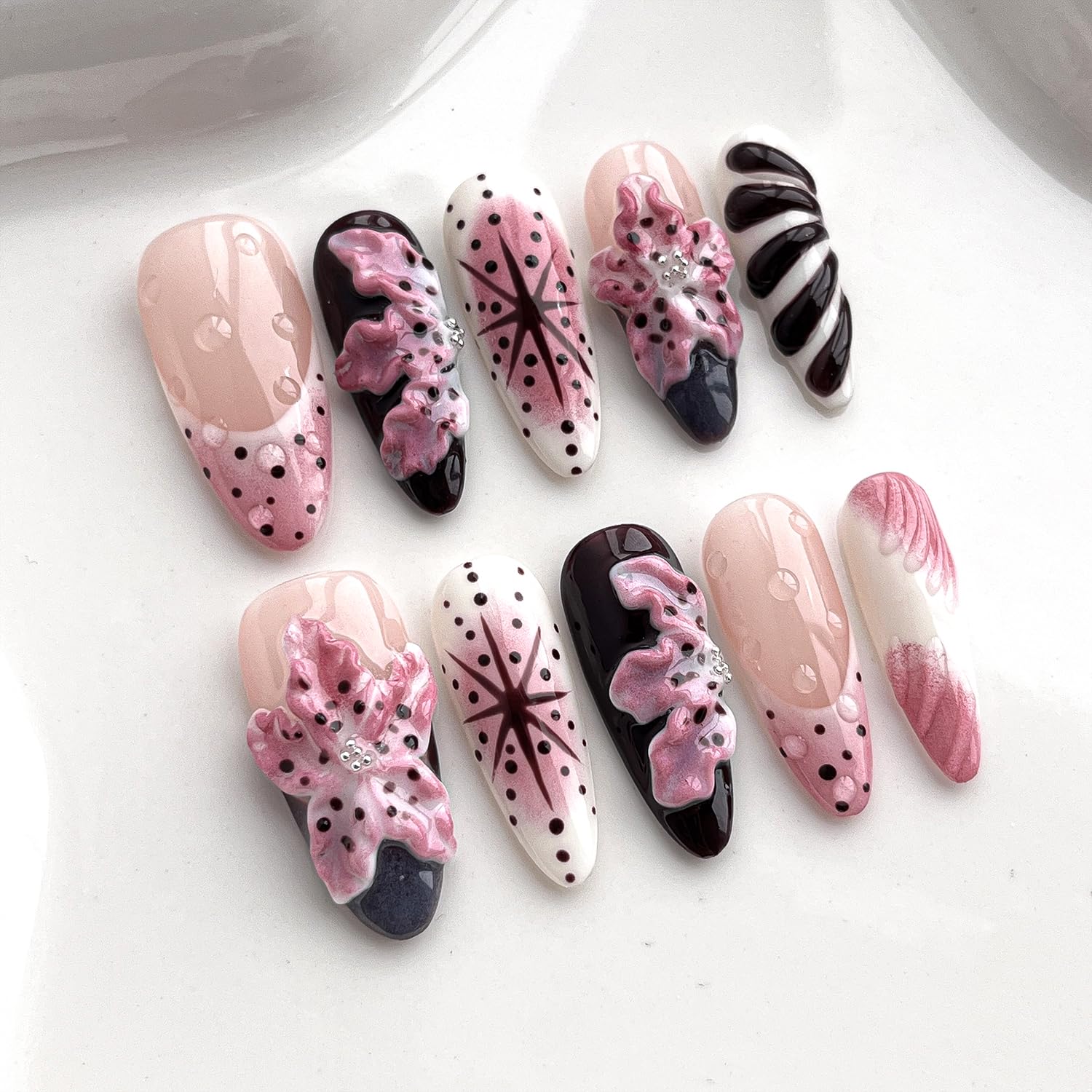 BRKYKGK Handmade Almond Medium Press-On Nails – 3D Floral & French Tip (10 Pcs)