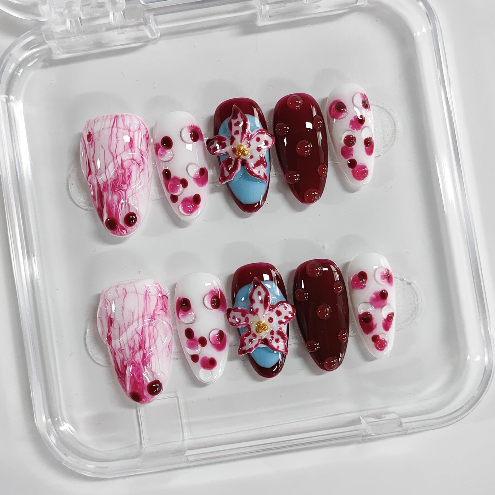 BRKYKGK Handmade Press on Nails Almond Medium – 3D Floral Thick Acrylic False Nails Kit (10 Pcs)