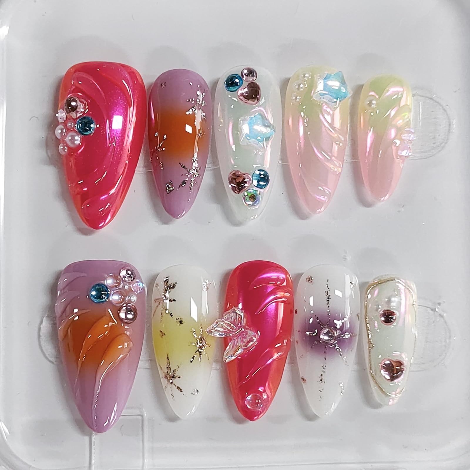 BRKYKGK Handmade Press on Nails – Almond Medium 3D Thick Acrylic with Butterfly Rhinestones (10 Pcs)