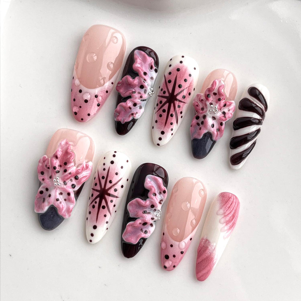 BRKYKGK Handmade Almond Medium Press-On Nails – 3D Floral & French Tip (10 Pcs)