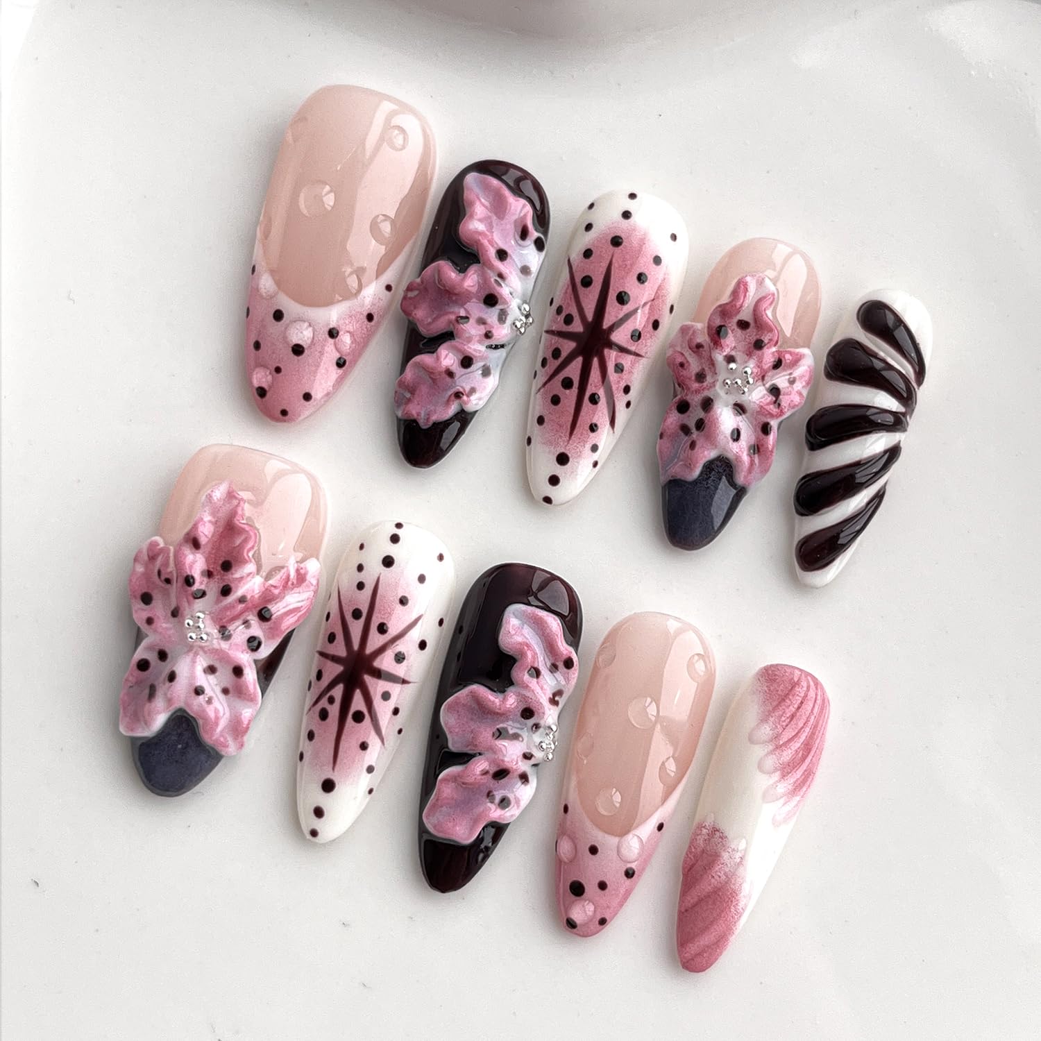 BRKYKGK Handmade Almond Medium Press-On Nails – 3D Floral & French Tip (10 Pcs)