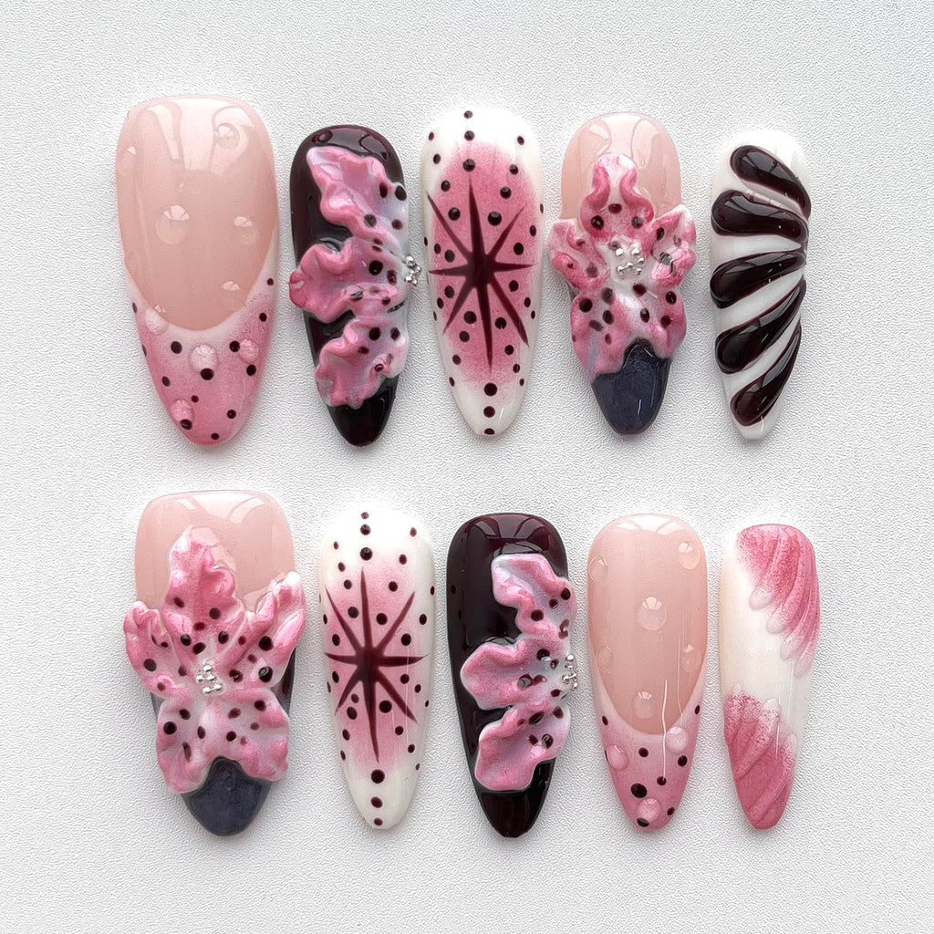 BRKYKGK Handmade Almond Medium Press-On Nails – 3D Floral & French Tip (10 Pcs)